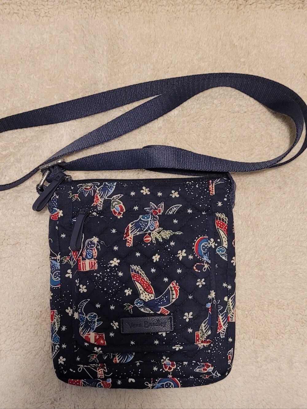 Vera Bradley Navy Quilted Small Crossbody with Holiday Bird Print